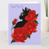 Chat noir Roses rouges violet Carte de fête des mè (Devant)