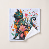 Chat noir silhouette faite de fleurs colorées (Gant de toilette)