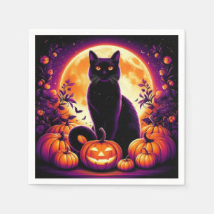 Chat noir sous la pleine lune Serviette en papier