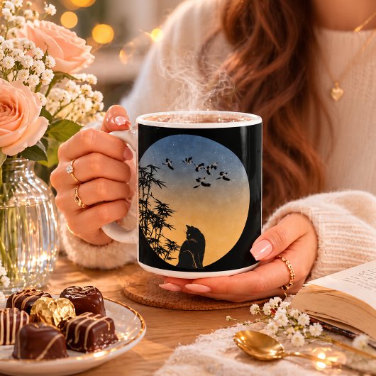 Chat noir sous le ciel & Bamboo et oiseau - Mug ar
