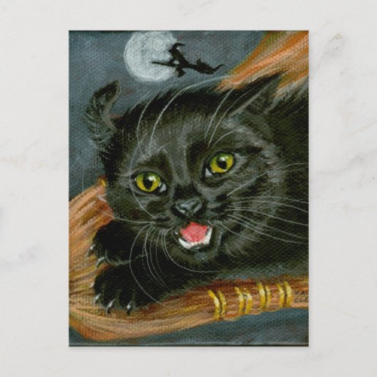 Chat noir sur carte postale Halloween Broom (Devant)