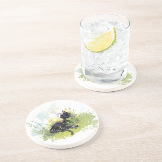 Chat noir sur Dessous de verre de grès d'herbe (Côté)