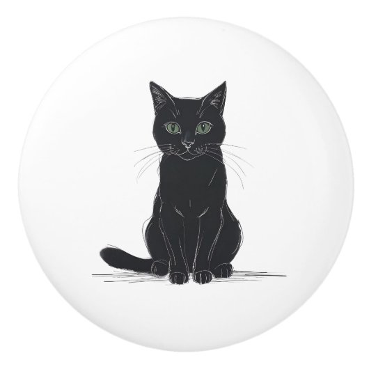 Chat noir sur poignée de porte fond blanc (Devant)