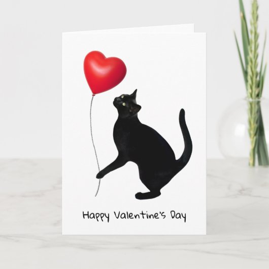 Chat noir tenant la carte Valentine du ballon Coeu (Devant)