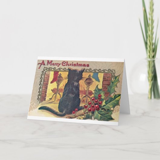 Chat noir vintage au foyer Carte de Noël (Devant)