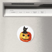 Chat noir vintage et aimant rond Citrouille (In Situ (Lave-vaisselle))