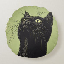 Chat noir Vintage Lino imprimé Coussin rond