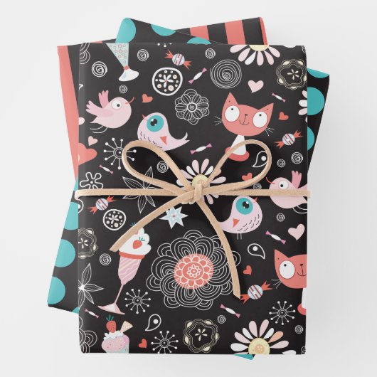 Chat, Oiseau, Fleurs, Ensemble de papier d'envelop (En situation)