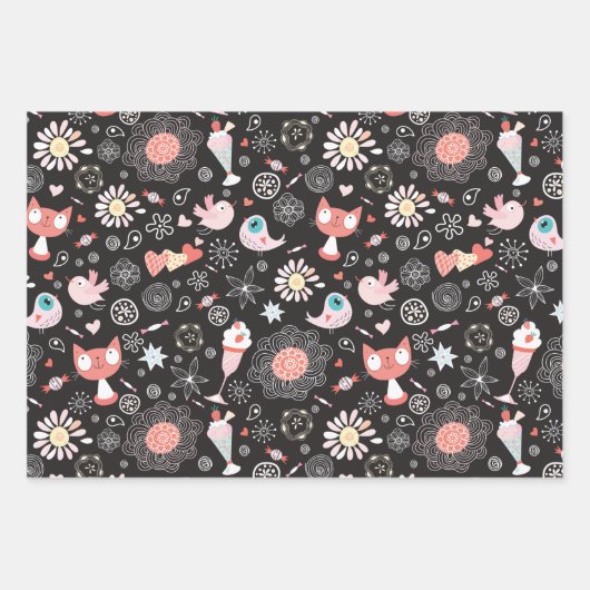 Chat, Oiseau, Fleurs, Ensemble de papier d'envelop (Devant)