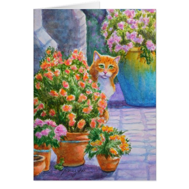 Chat orange avec pots de fleurs (Devant)
