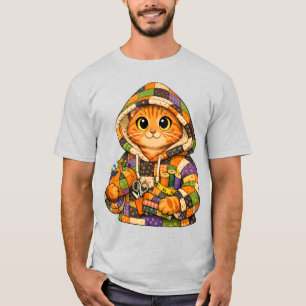 Chat orange portant un T-Shirt à capuche en quilt