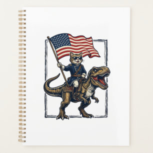 Chat Patriotique à Cheval sur un Dinosaure Design 