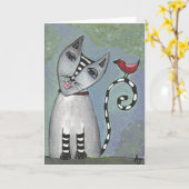 Chat rayé et oiseau rouge - carte de voeux (Fleur jaune)