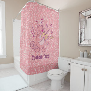 Chat rose avec rideau de douche violon