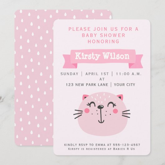 Chat rose | Invitation Baby shower (Devant / Derrière)