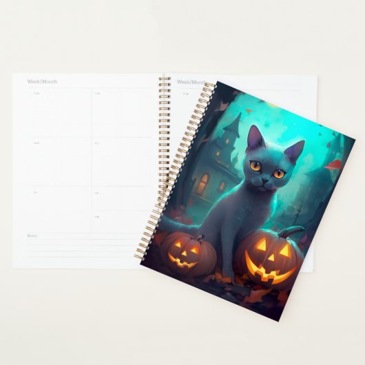 Chat Russe Bleu Halloween avec citrouilles effraya (Devant avec enveloppe)