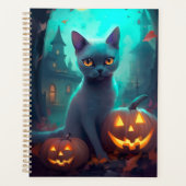 Chat Russe Bleu Halloween avec citrouilles effraya (Devant)
