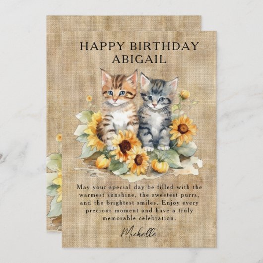 Chat Rustic Tournesols et chatons Carte d'annivers (Devant / Derrière)