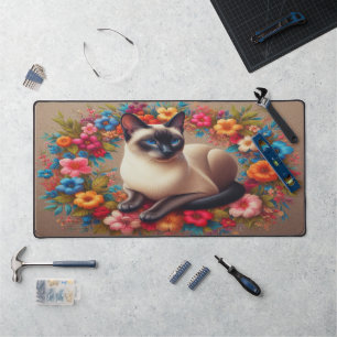 Chat siamois décoratif Bordure florale colorée