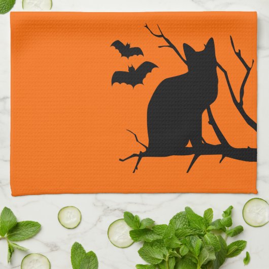 Chat Silhouette Orange Halloween Serviette de cuis (Plié)