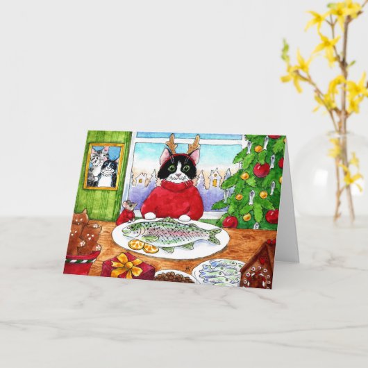 Chat, souris, poisson Noël Carte de vacances (Fleur jaune)