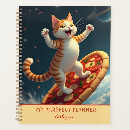 Chat spatial surfant sur une pizza (Devant)