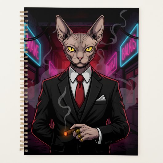 Chat Sphynx Mafia dans un style néon noir (Devant)