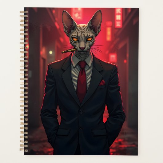 Chat Sphynx Neon Noir dans le style Mafia (Devant)