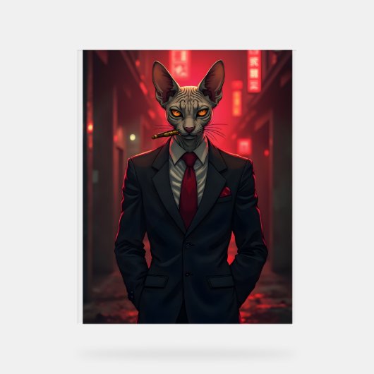 Chat Sphynx Neon Noir dans le style Mafia (Recto)