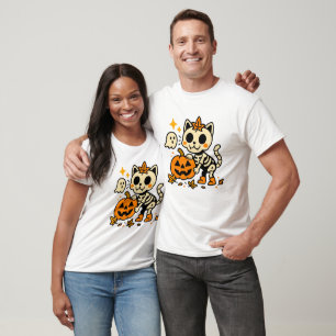 Chat squelette mignon avec T-Shirt de citrouille