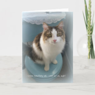 Chat sur la carte de voeux de soutien de toilette