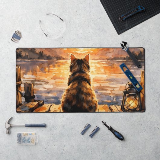 Chat sur le quai au coucher du soleil (Poste de travail)