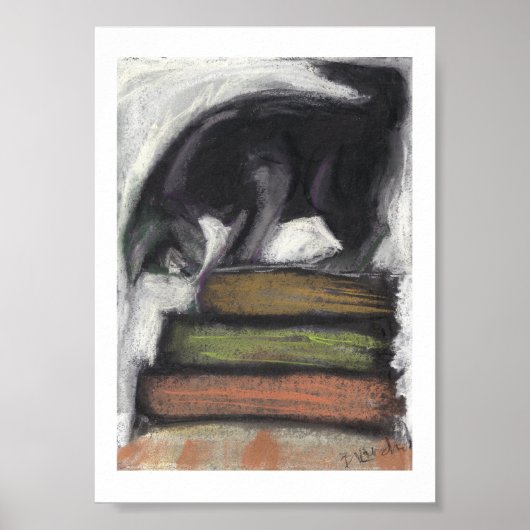 Chat sur livres - Impression de peinture Pastel or (Devant)