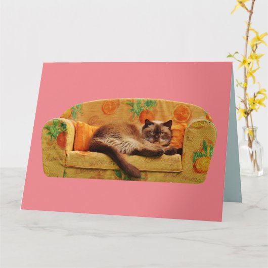 CHAT SUR SOFA FUNNY GRANDE CARTE D'ANNIVERSAIRE (Fleur jaune)