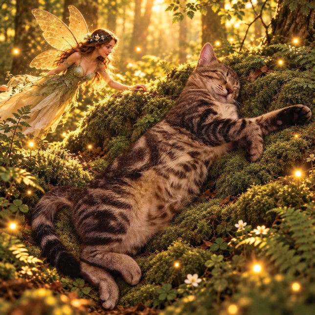 Chat Tabby Dormant & Fée Forêt Enchantée Coussin (Créateur téléchargé)