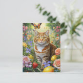 Chat tigré avec carte postale de fleurs (Debout devant)