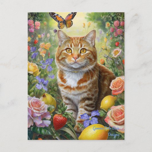 Chat tigré avec carte postale de fleurs (Devant)