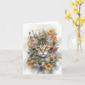 Chat tigré gris avec fleurs Carte de vœux vierge  (Fleur jaune)