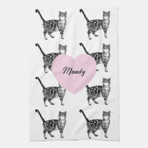 Chat tigré serviette de thé femme nom cœur rose