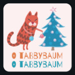 Chat Trimming the Christmas Tree<br><div class="desc">Le chat tabby rouge orne son sapin de Noël. Le texte ci-dessous indique O Tabbybaum. Un autocollant mignon pour les chaises et les amoureux de les chats.</div>