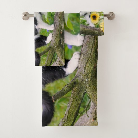 Chat tuxedo mignon sur une branche d'arbre avec de (En situation)