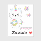 Chat Unicorne mignonne avec Sticker Rainbow Hearts (Feuille)