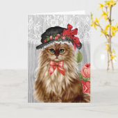 Chat victorien dans la carte de voeux de casquette (Fleur jaune)