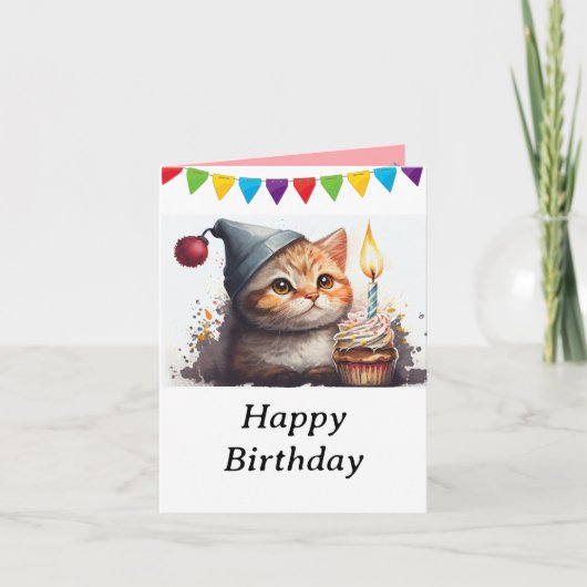 Chat vintage au ruban et bonne carte d'anniversair (Devant)