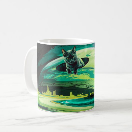 Chat Weird Space Paysage Surreal Coffee Mug Green (Devant gauche)