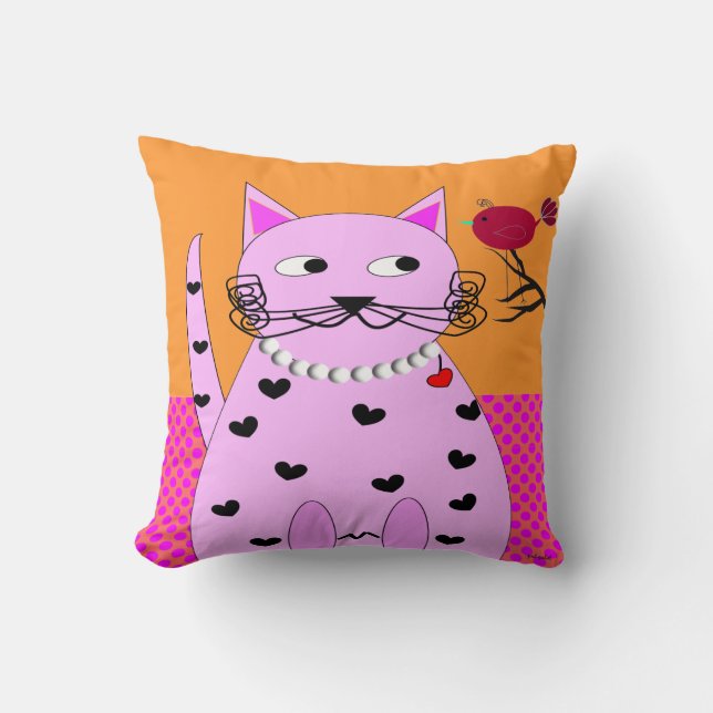 Chat Whimsical Coussin Graisse Chat et oiseau (Recto)