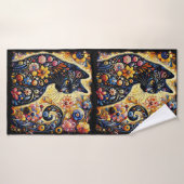 Chat Whimsical Noir Abstrait peinture florale Art (Serviette de bain)
