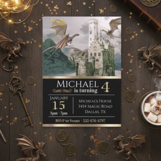 Château médiéval de dragon de bronze Invitation d'
