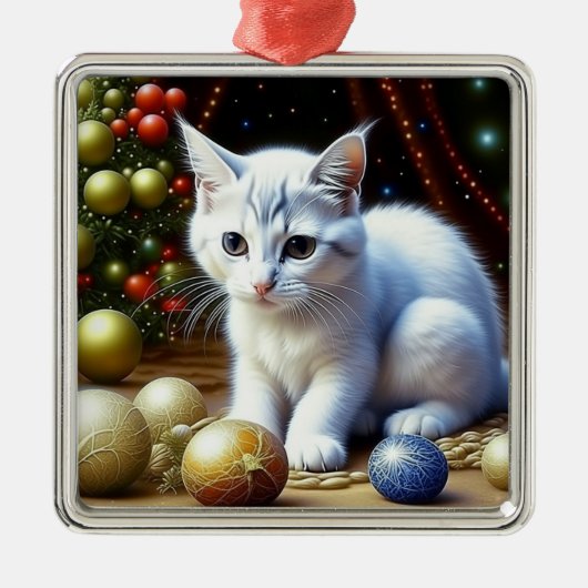 Chaton blanc Jouer avec des ornements de Noël or (Devant)