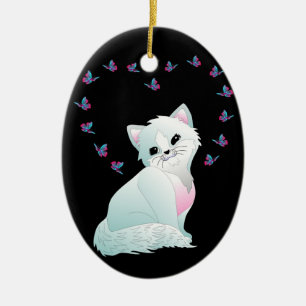 chaton et papillons porcelaine ornement